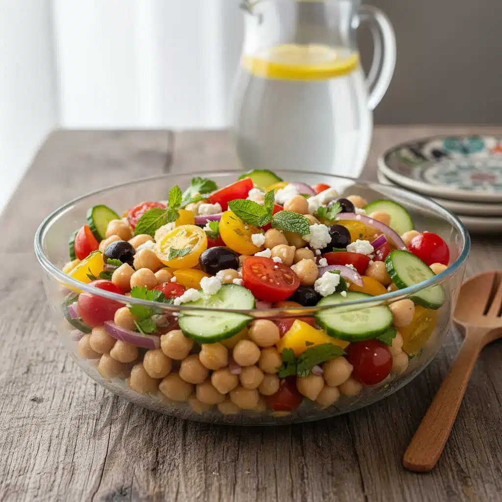 Ensalada de garbanzos y verduras mediterráneas, fresca y nutritiva