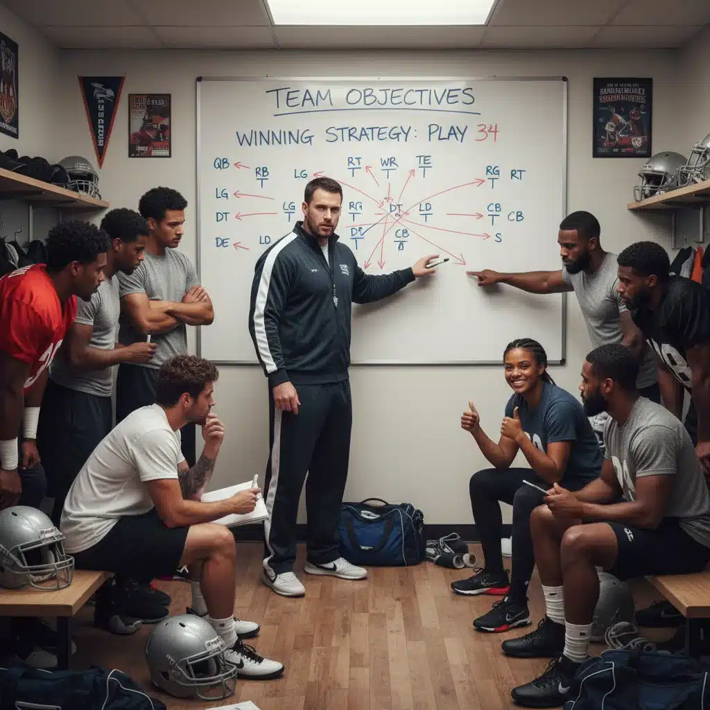Entrenador explicando una estrategia a un equipo de atletas concentrados, ilustrando la importancia de la comunicación y la táctica en la colaboración deportiva.