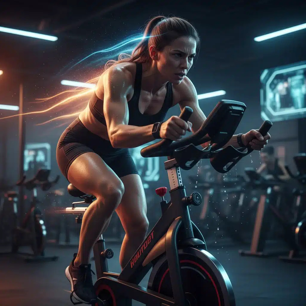 Atleta realizando entrenamiento de intervalos de alta intensidad en bicicleta estática.