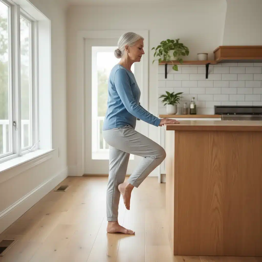 Persona mayor realizando ejercicio de equilibrio a una pierna apoyada en encimera de cocina