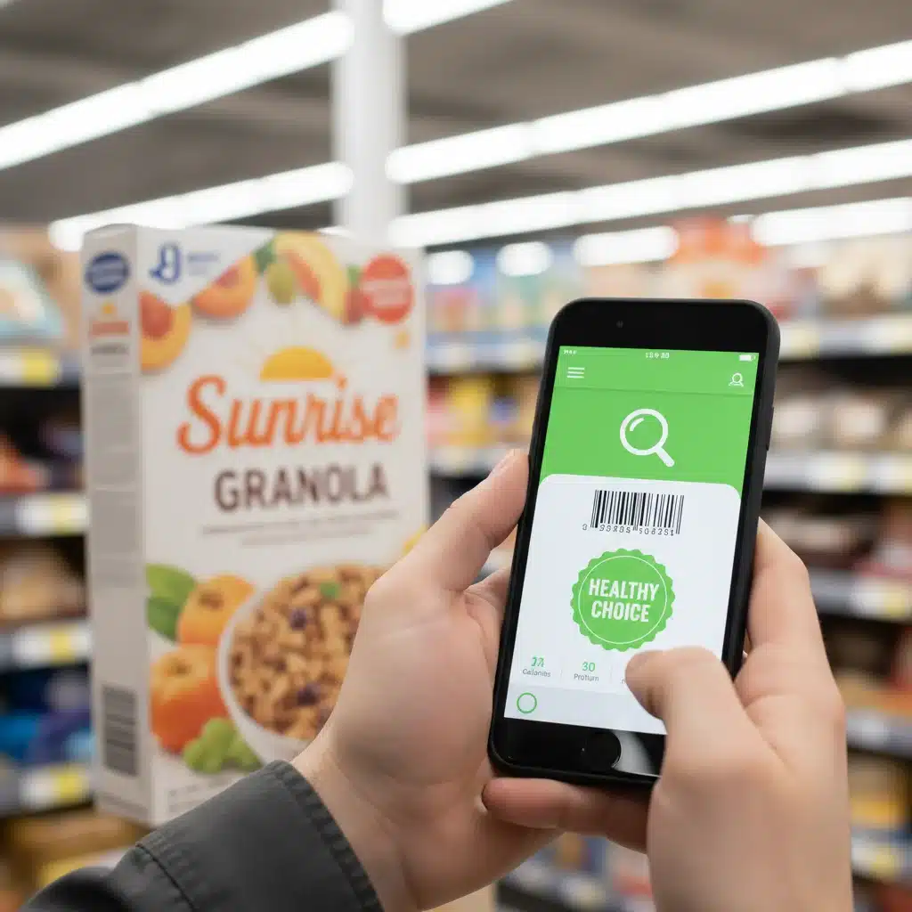 Consumidor utilizando una aplicación móvil para verificar la información nutricional de un producto alimenticio bajo la nueva normativa.
