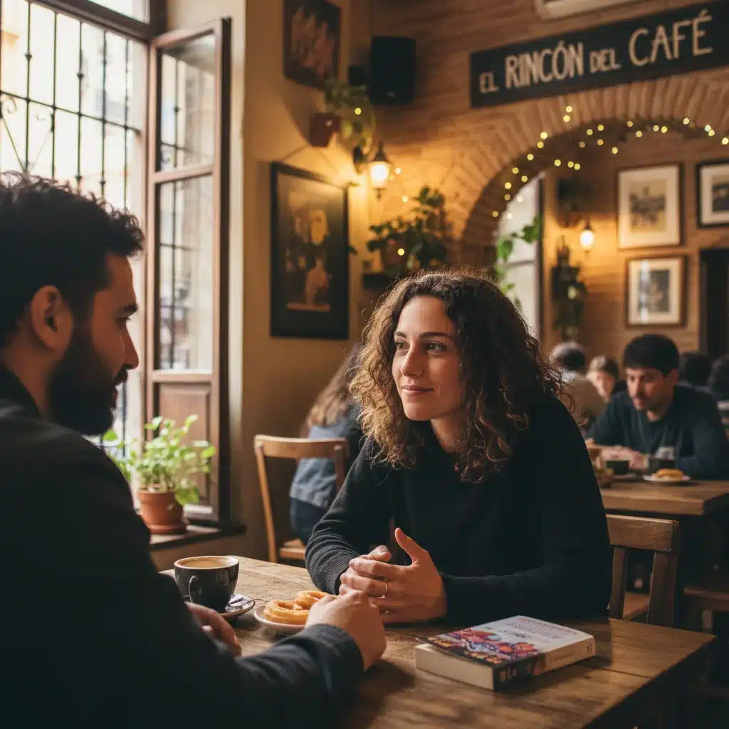 Persona escuchando activamente a otra en un café español, demostrando interés genuino.