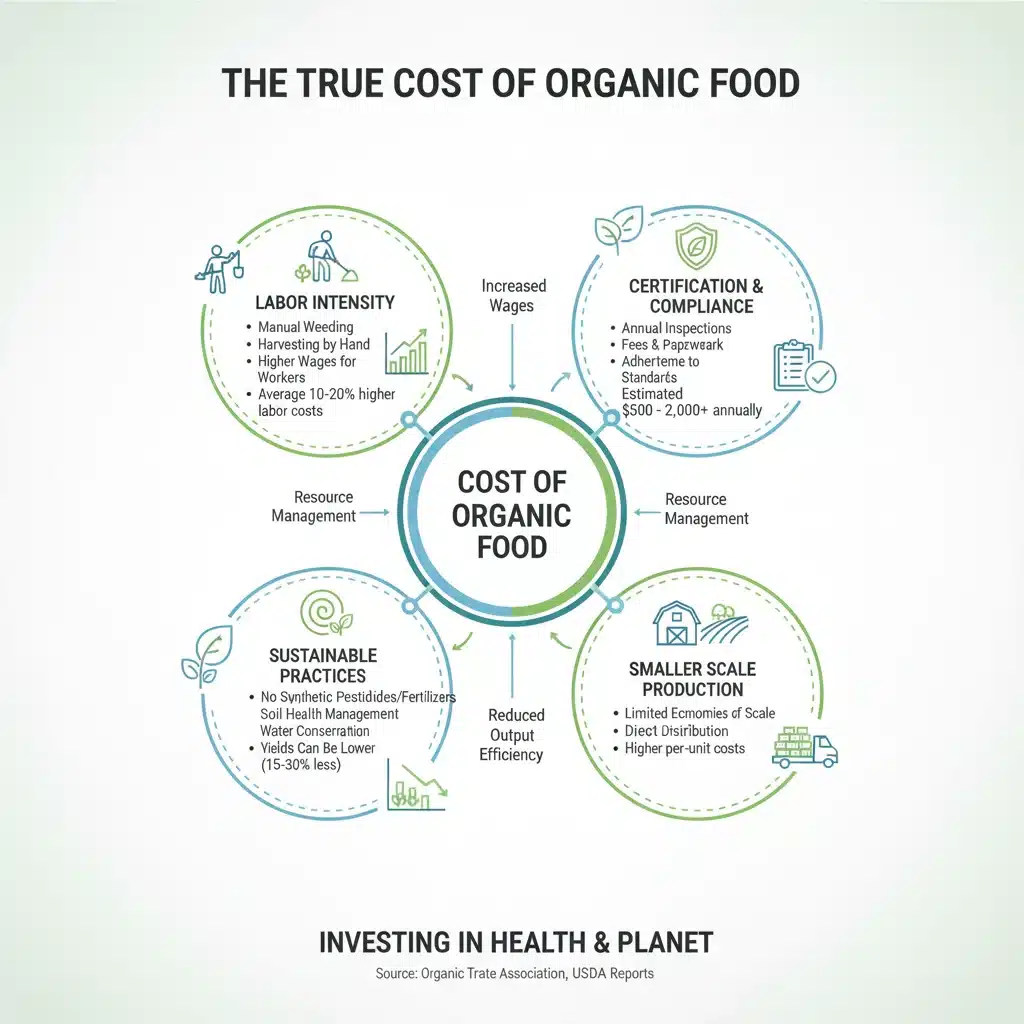 Infografía detallada explicando los factores que influyen en el precio de los alimentos ecológicos, incluyendo mano de obra y certificación.