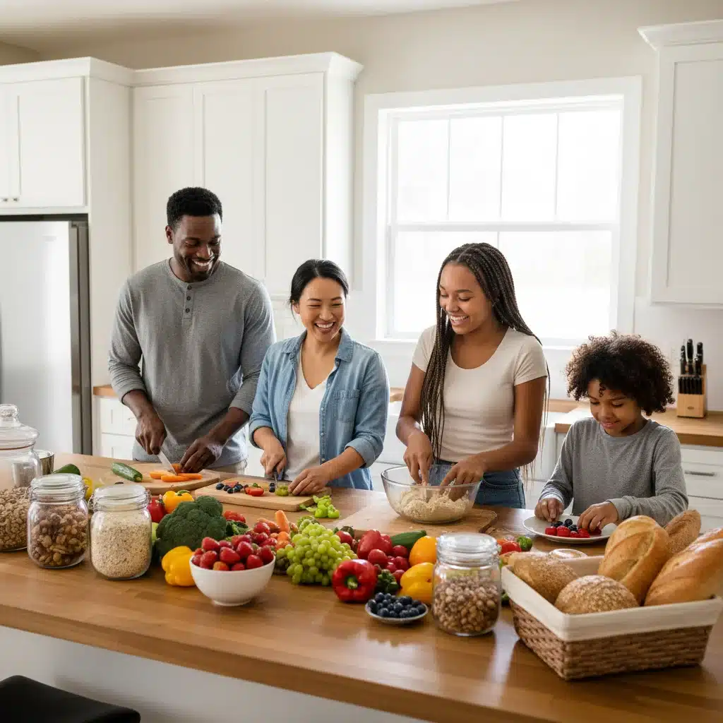 Familia preparando una comida saludable en casa, con énfasis en ingredientes naturales y frescos