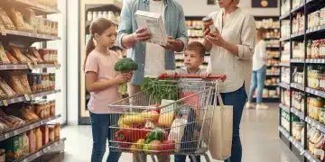 Familia comprando alimentos saludables en un supermercado con la nueva legislación alimentaria de 2026 en mente.