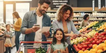 Familia española comprando alimentos frescos y económicos en un supermercado para enfrentar la inflación.