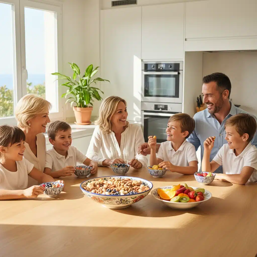 Familia española disfrutando de frutos secos como snack saludable