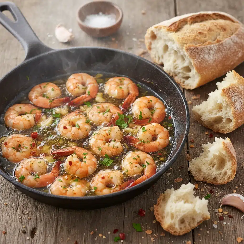 Deliciosas gambas al ajillo recién hechas en una sartén
