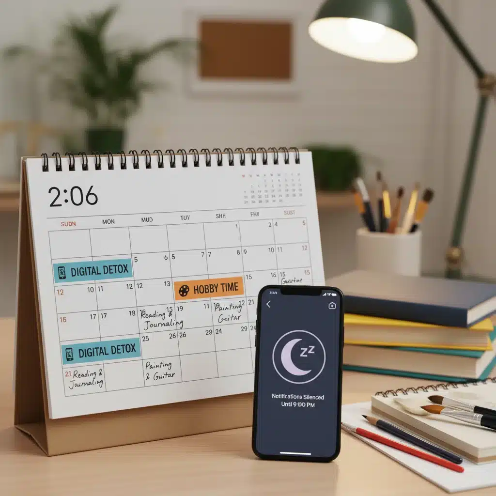 Calendario con bloques de tiempo para desintoxicación digital y pasatiempos, y un teléfono en modo no molestar