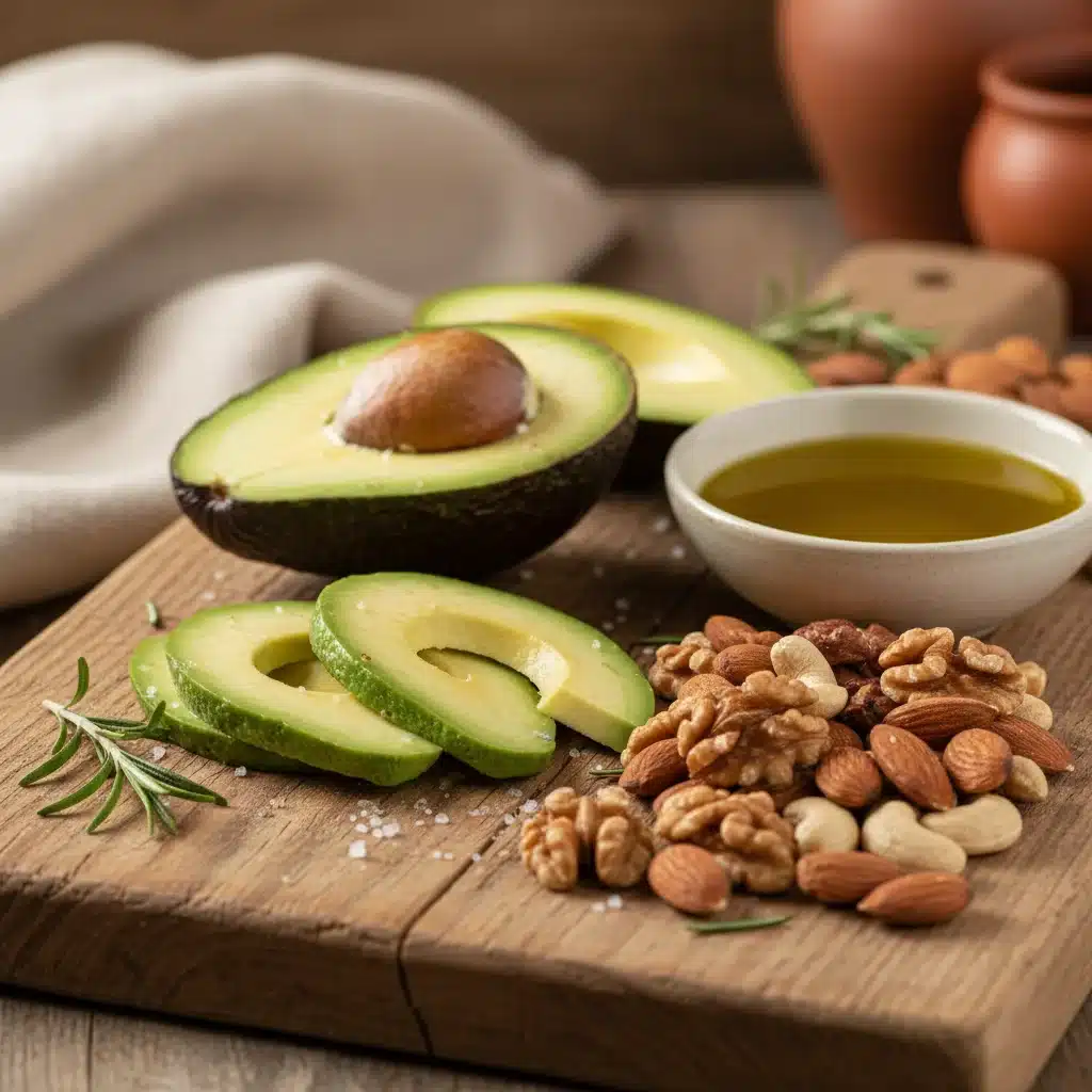 Primer plano de grasas saludables esenciales en la dieta mediterránea: aguacates, aceite de oliva virgen extra y frutos secos.