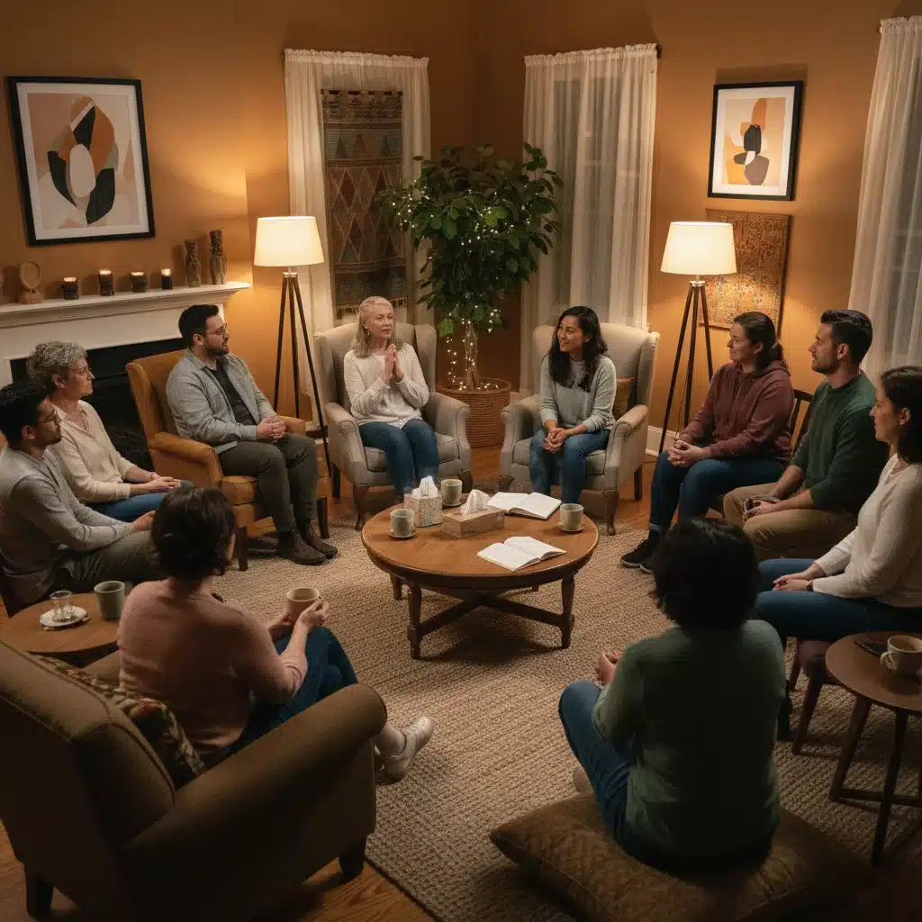 Grupo de apoyo para personas con depresión compartiendo experiencias en un ambiente cálido y de comunidad.