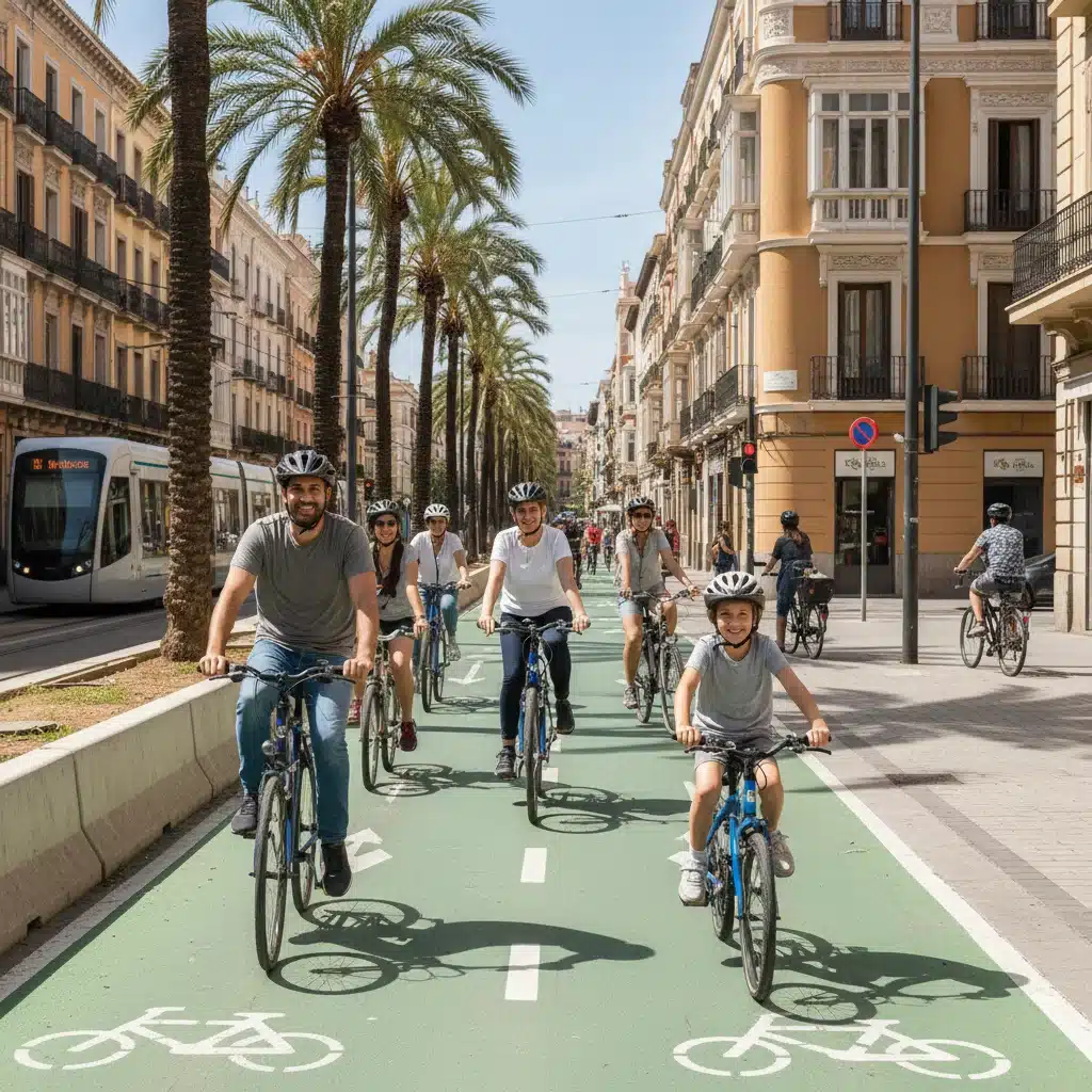 Grupo de ciclistas circulando por un carril bici en una ciudad española