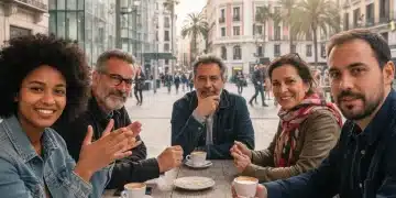 Desarrollo de la Empatía: 6 Ejercicios Prácticos para Mejorar tus Relaciones Interpersonales en España Grupo diverso de personas en España conversando empáticamente, mostrando escucha activa y comprensión.