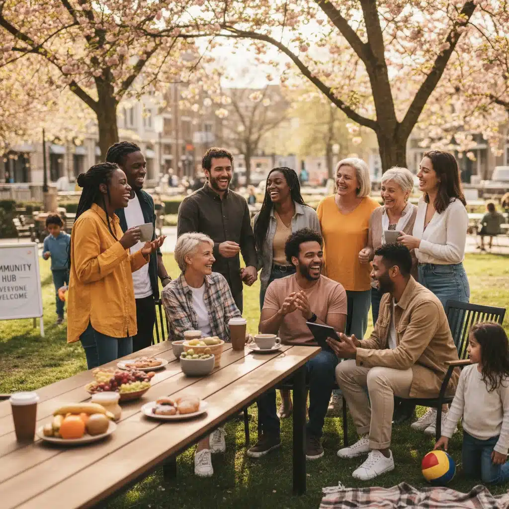 Grupo diverso de personas riendo y conectando en un ambiente comunitario, simbolizando redes de apoyo y conexiones sociales.