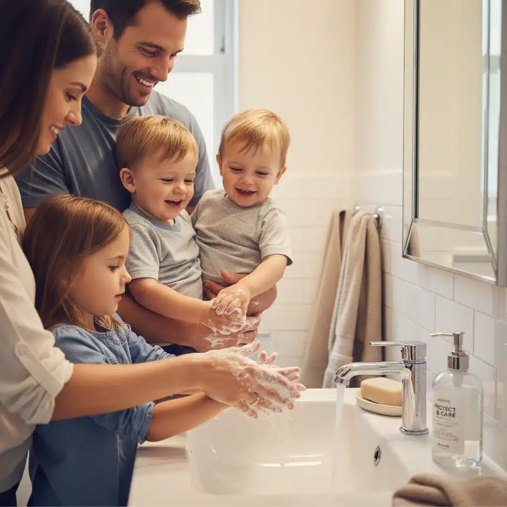 Familia lavándose las manos con jabón, ejemplificando medidas de higiene personal para prevenir la gripe.