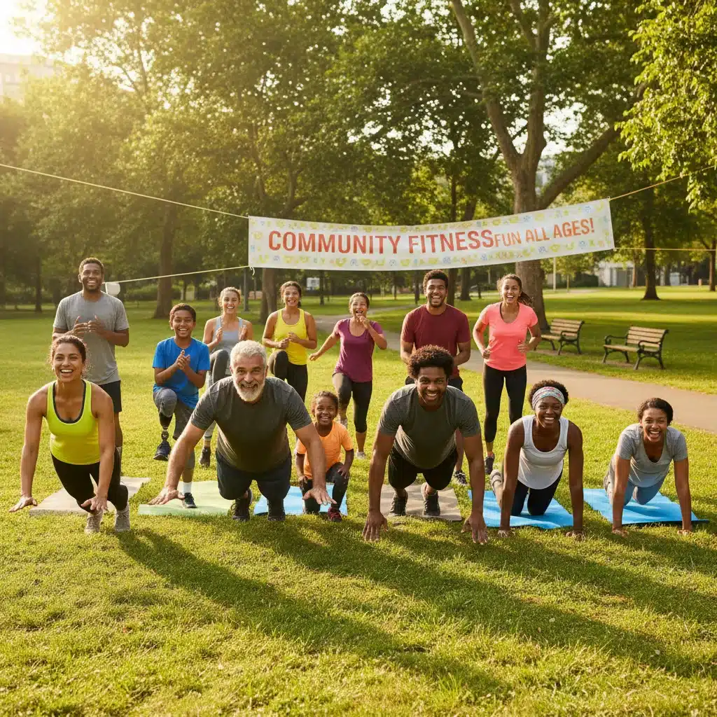 Grupo diverso de personas realizando ejercicios HIIT al aire libre, sonriendo.