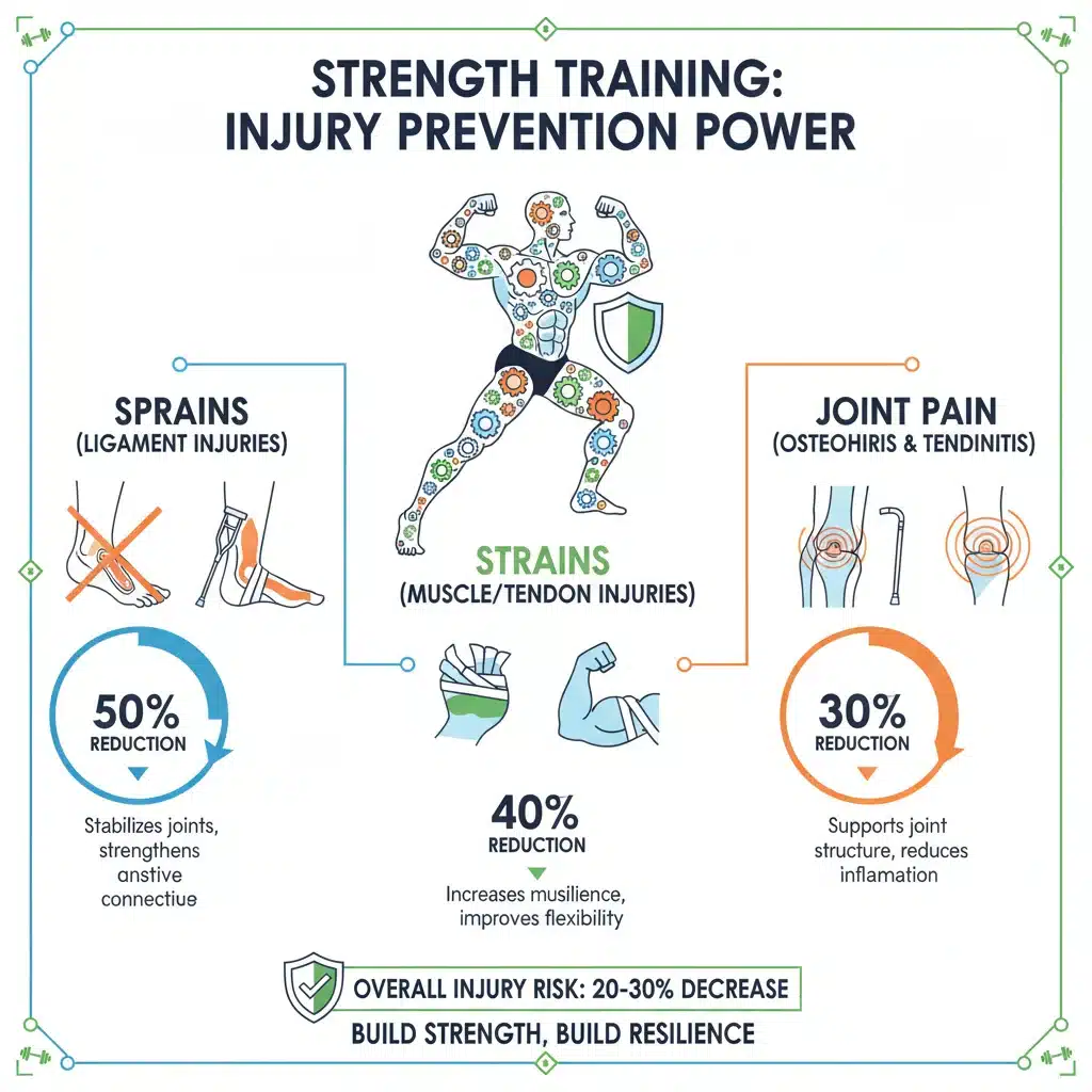 Infografía de tipos de lesiones prevenibles con entrenamiento de fuerza.