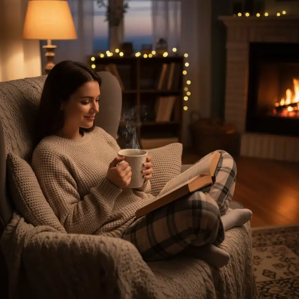 Persona leyendo un libro y bebiendo té de hierbas antes de acostarse