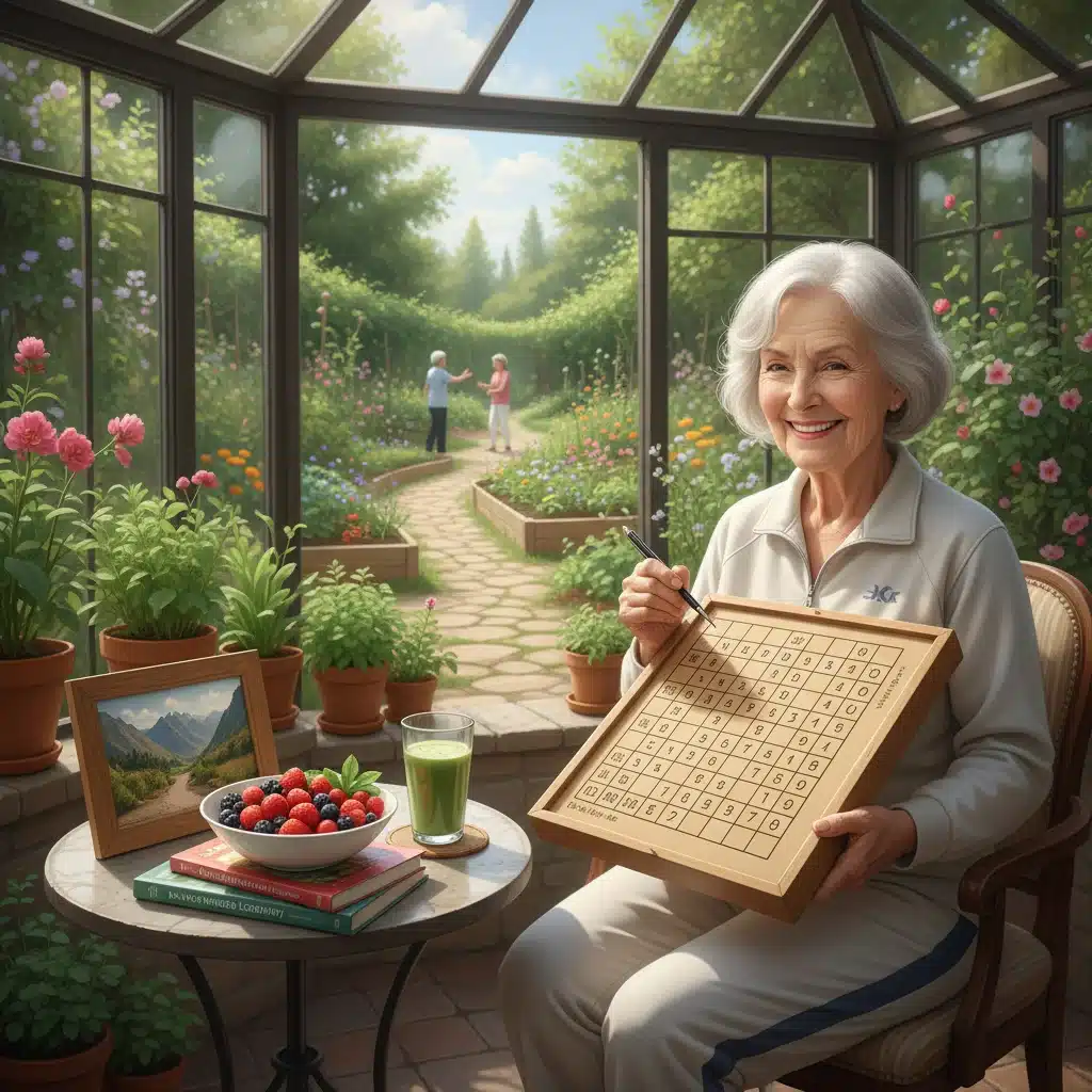 Persona mayor sonriendo y leyendo, simbolizando la agudeza mental y la longevidad asociadas a hábitos de vida saludables.