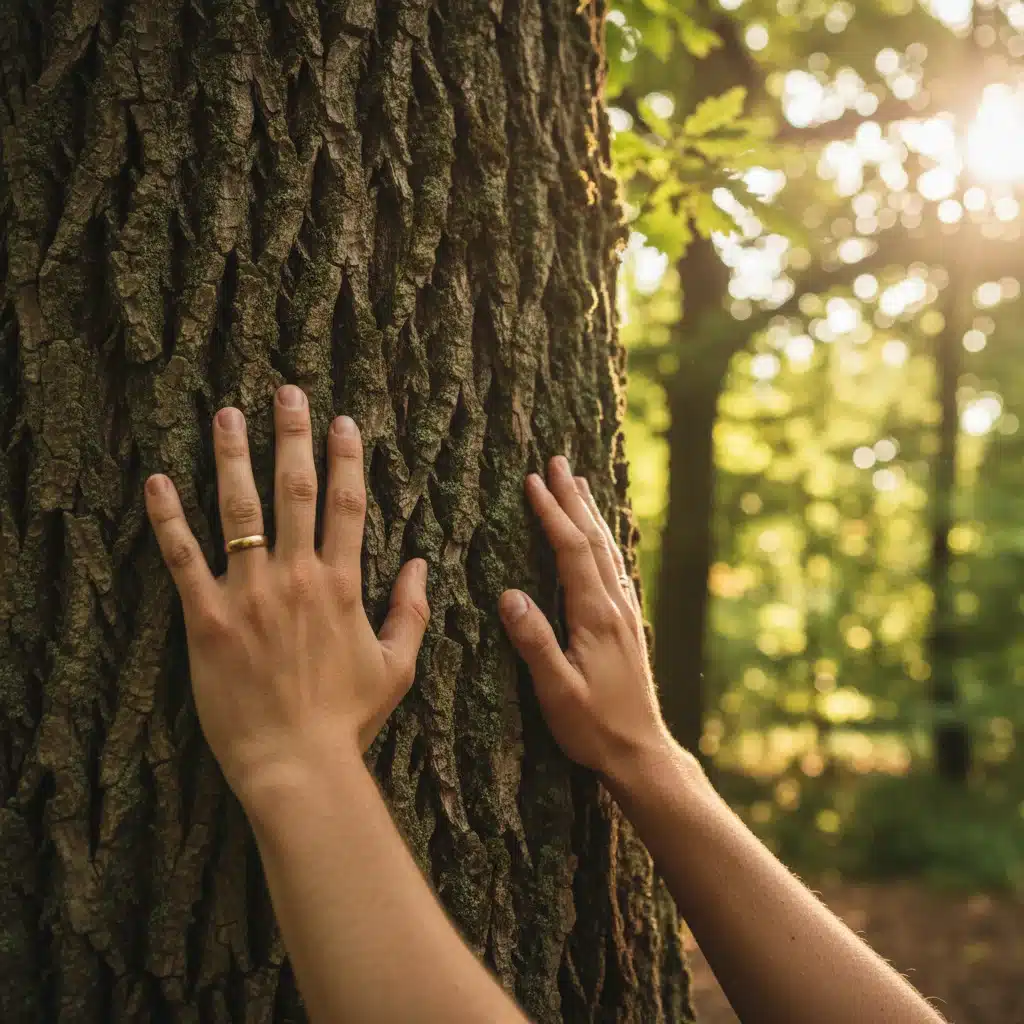 Manos tocando suavemente la corteza de un árbol robusto en un bosque, simbolizando la conexión con la naturaleza.