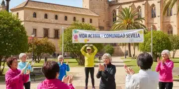 Grupo de mayores de 60 años realizando actividad física en un parque soleado en España, sonriendo y disfrutando del ejercicio al aire libre.