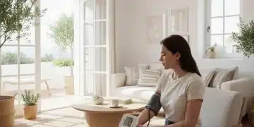 Persona midiendo su presión arterial en casa con un monitor digital en España.