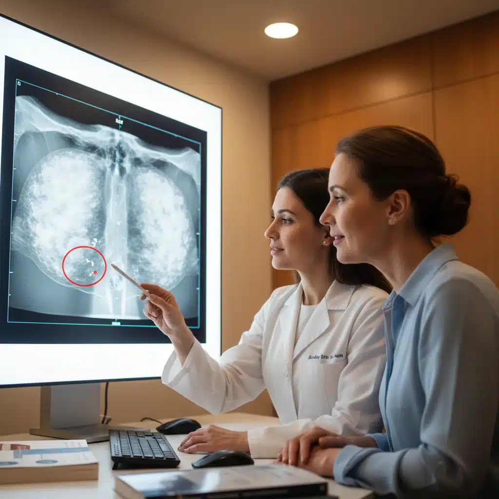 Médico explicando resultados de mamografía a una paciente, destacando la importancia del cribado