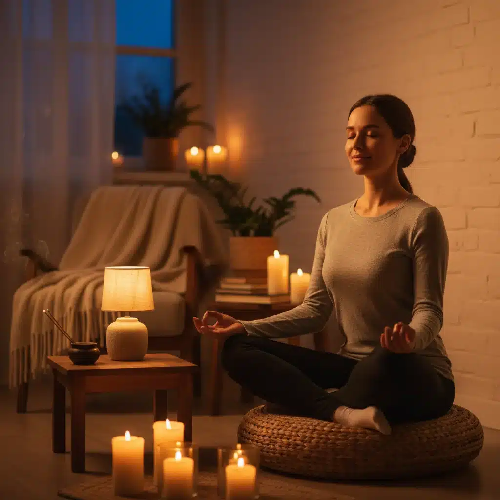 Persona meditando en una habitación con poca luz antes de dormir, promoviendo la relajación.