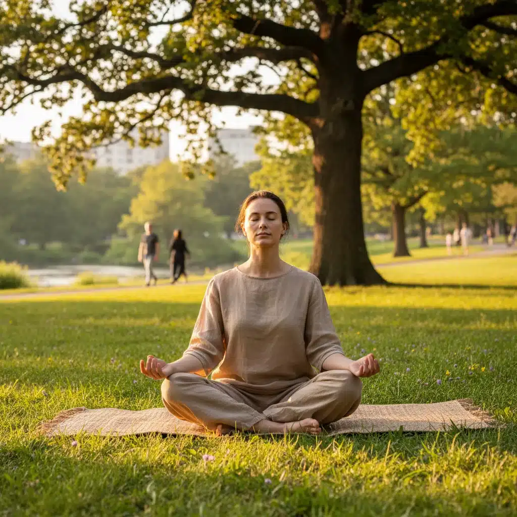 Persona meditando en un parque, sentada en posición de loto, rodeada de vegetación, promoviendo la calma y el enfoque.