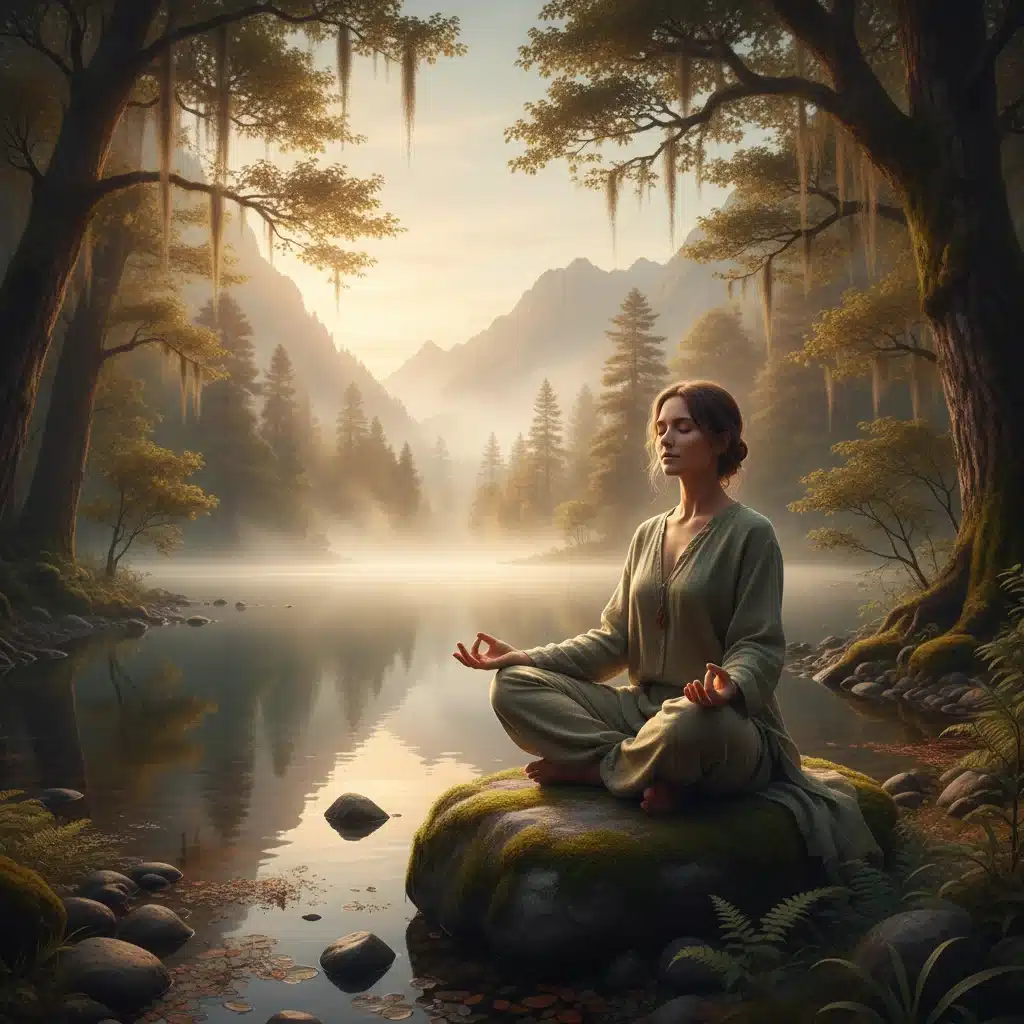 Persona meditando en un entorno natural tranquilo, representando técnicas de reducción del estrés.