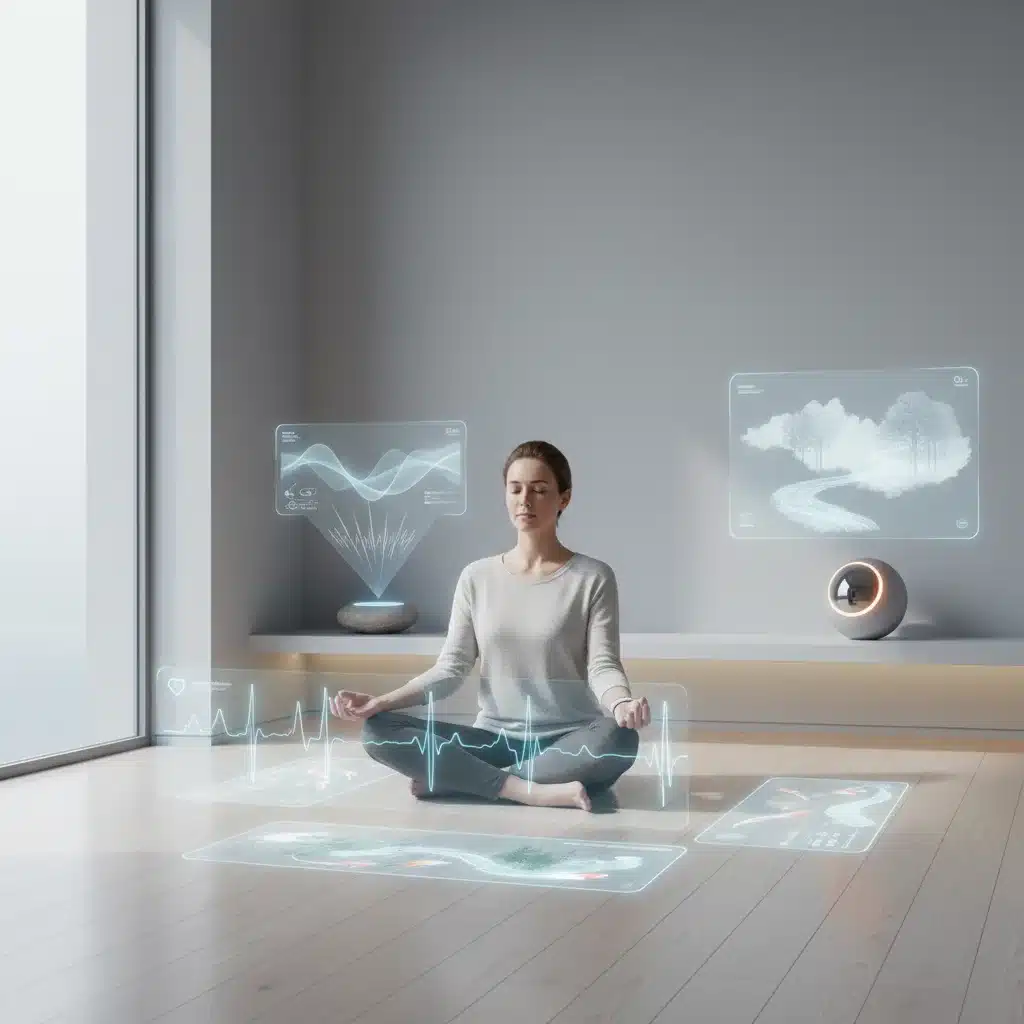 Persona meditando rodeada de interfaces digitales, simbolizando el uso consciente de la tecnología y la IA.