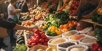 Puesto de mercado español con frutas, verduras y legumbres frescas