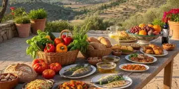 Mesa con alimentos típicos de la dieta mediterránea: aceite de oliva, verduras, frutas, pescado y cereales integrales, bajo el sol español.