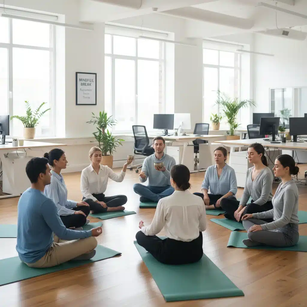 Empleados practicando mindfulness en la oficina, promoviendo la atención plena y el bienestar.