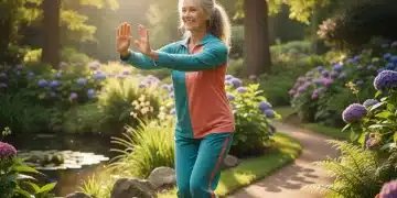 Mujer mayor sonriendo y haciendo ejercicio al aire libre, símbolo de huesos fuertes y vitalidad.