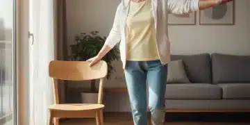 Mujer mayor sonriente realizando ejercicios de equilibrio con apoyo de silla en casa
