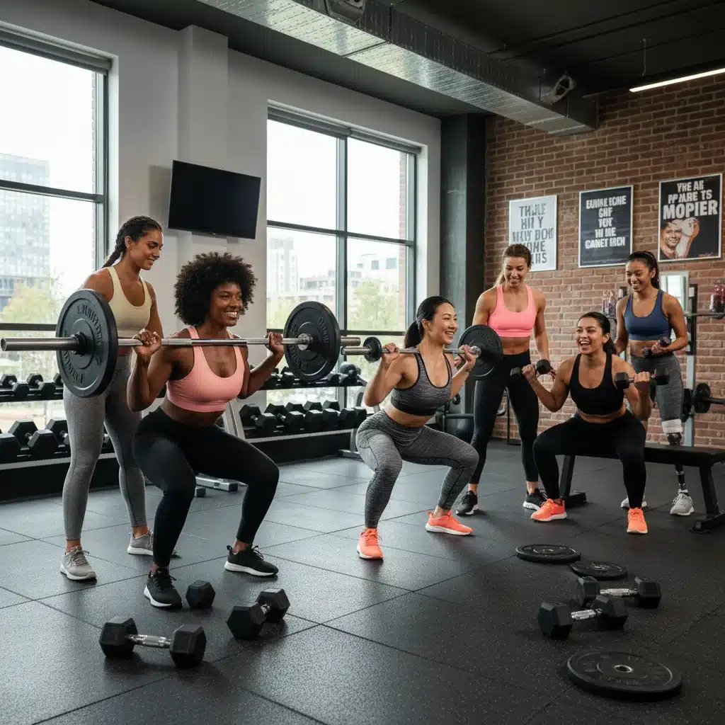 Grupo de mujeres realizando ejercicios de fuerza variados con buena técnica y apoyo mutuo en un ambiente de gimnasio.