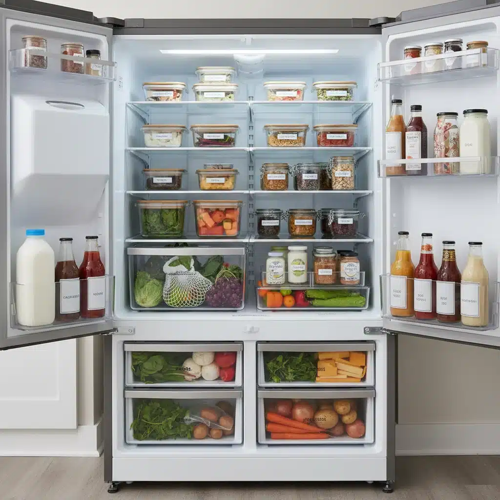 Nevera organizada con recipientes etiquetados para conservación de alimentos