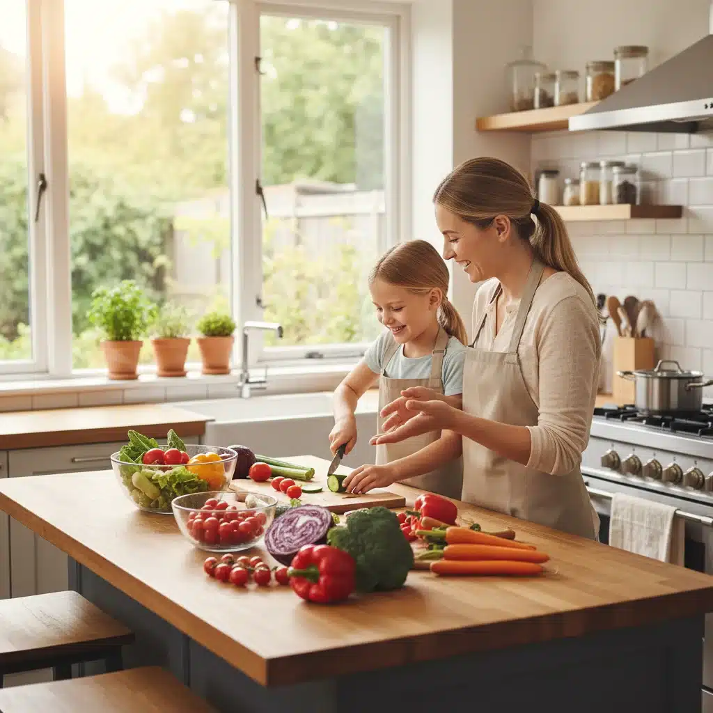 Niño aprendiendo a cocinar una comida saludable con sus padres en una cocina moderna.