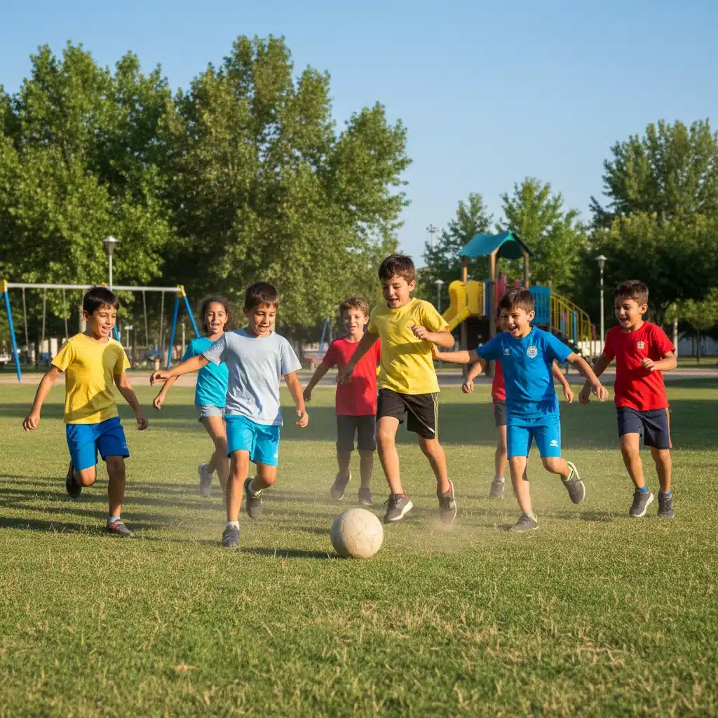 Grupo de niños españoles jugando activamente al aire libre en un parque comunitario.