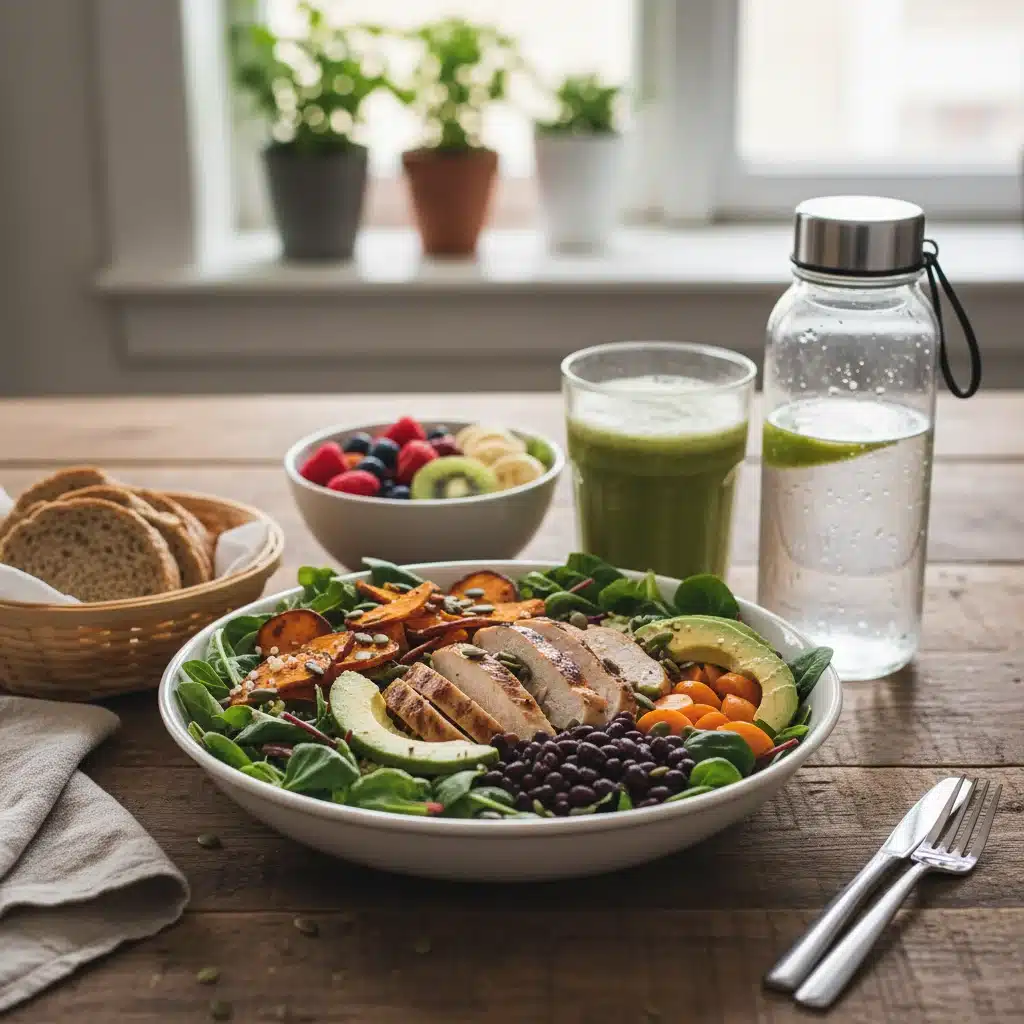 Comida post-entrenamiento saludable y nutritiva con ensalada, proteína y frutas.