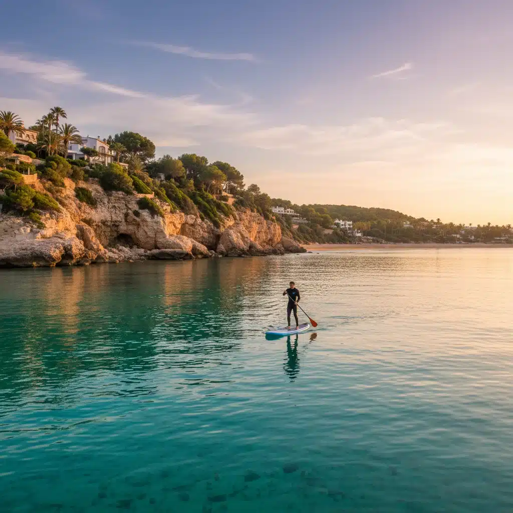 Persona practicando paddleboarding en la costa española al atardecer