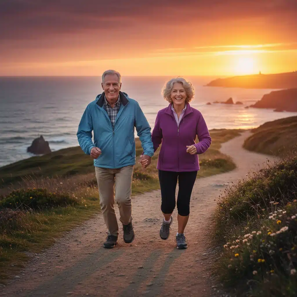 Pareja de adultos mayores caminando por un sendero costero al atardecer, disfrutando de un paseo activo y romántico.