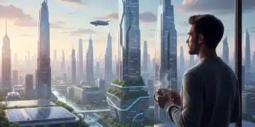 Persona contemplando un horizonte urbano futurista, simbolizando la gestión de expectativas para 2026.