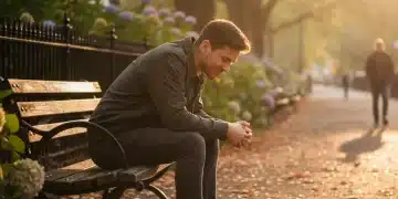 Persona pensativa sentada sola en un banco de parque, reflejando la soledad pero con un atisbo de esperanza en un entorno cálido.
