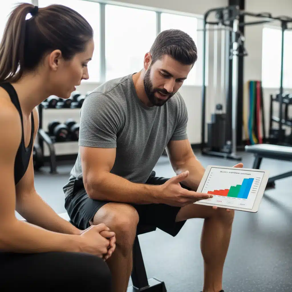 Entrenador personal explicando un plan de periodización avanzado a un atleta.