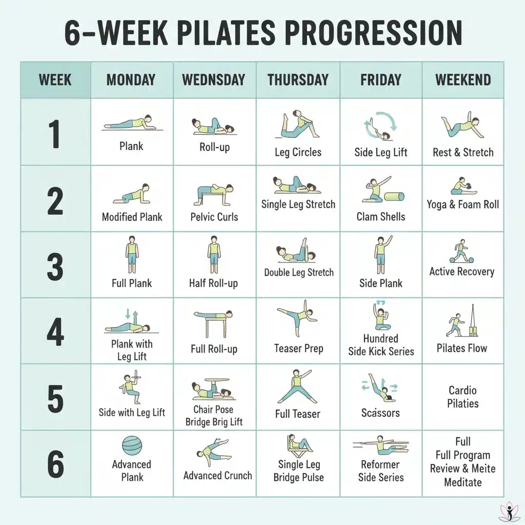 Tabla de progresión semanal de ejercicios de Pilates para principiantes durante seis semanas.