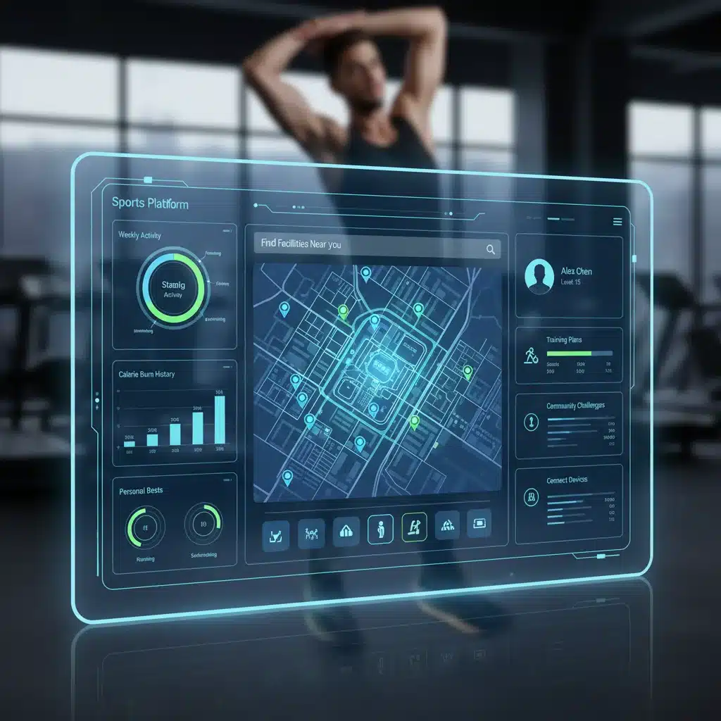 Plataforma digital para el seguimiento deportivo y acceso a recursos, ilustrando la digitalización del deporte.