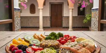 Prevención Cáncer Colorrectal España: Estrategias Dietéticas Clave Plato saludable con frutas, verduras, cereales integrales y proteínas magras, clave para la prevención del cáncer colorrectal en España.