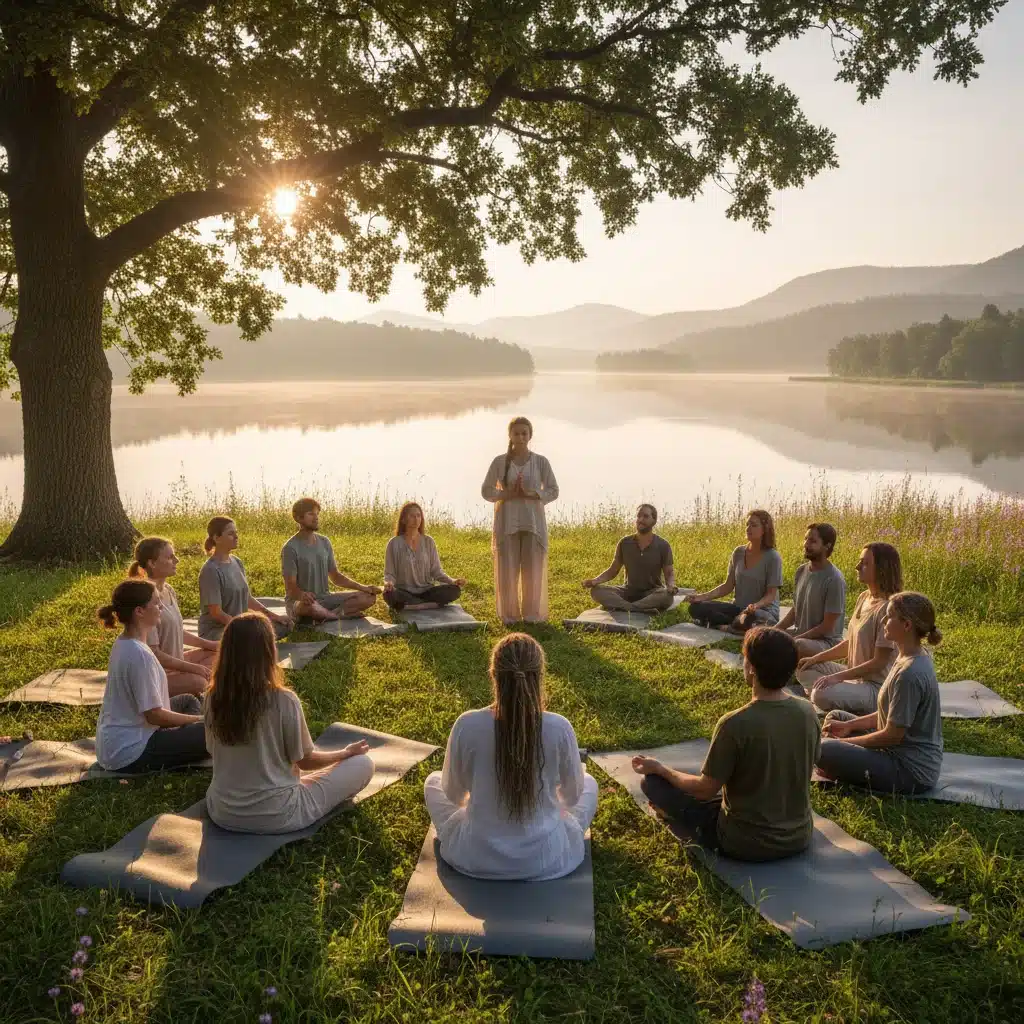 Grupo practicando mindfulness al aire libre, fomentando la conexión y el bienestar.